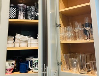 R5 Two Cupboards Of Drinkware Including Glasses, Mugs, And Ramekins In Differing Sizes