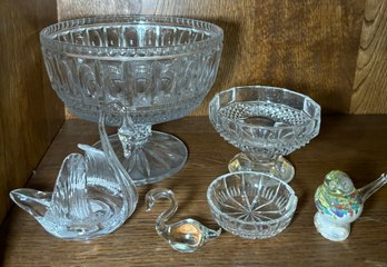 Crystal Decorative Lot To Include Swan Figures, A Bird And Some Bowls Lot, Some Appearing To Be Real Crystal