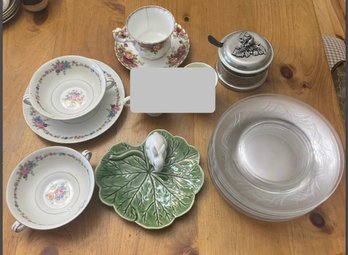 Rm1 Variety Of Mismatched Teacups, Plates, A Bunny Leaf Plate, And A Pewter Sugar Bowl