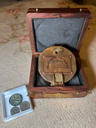 R1 Makers To The Queen Brass Compass In Presentation Box.  Possible Antique Coins Of Unknown Origin