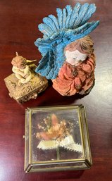 Angel Figures With One Attached To A Small Keepsake Box, And One Vintage Style Display Box With A Small Decor
