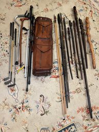 R1 Carved Figure Walking Sticks, Spears, Trek Sticks, Canes, Golf Clubs And Vintage Leather Golf Bag