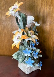 Floral Figure In A Picnic Style Basket, And A Floral Bouquet Capodimonte Arrangement Figures