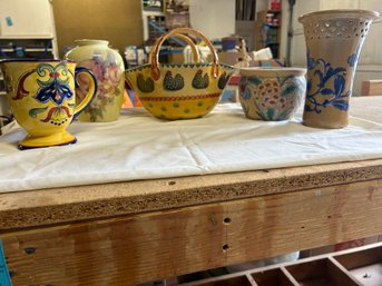 R0 Ceramic Italian Rooster Basket, Formalities Blue Floral Vase, Yellow Mug, Clay Pot, Yellow Floral Vase