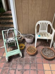 Outdoor Plastic Chair, Hose Reel On Wheels (no Hose), Assorted Plant Pots