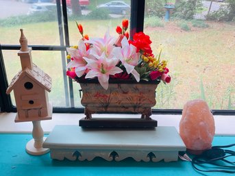 R9 Shelf, Himalayan Lamp, Planter With Faux Flowers, Decorative Birdhouse