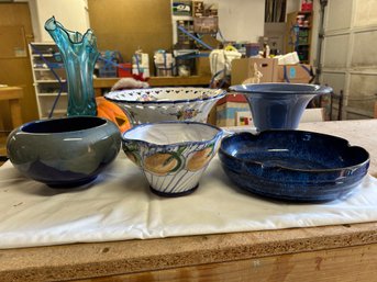 R0 Portuguese Pottery With Hearts, Two Blue Vases, Ceramic Blue Bowl, Ceramic Lemon Bowl, Ceramic Blue Plate