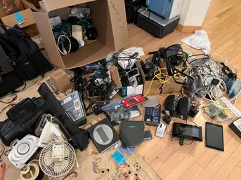 R1 Large Box Of Techie Treasures.   Bose Headphones, Radios, Lorex Monitor, Phones, Cables, Wires, Plugs,