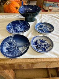 R0 Blue Ceramic Bowl, Two Blue Bird Plates, GK Plate, German Plate