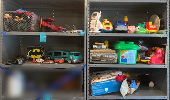 R0 Five Shelves Of Children's Toys. Legos, Build A Road, Vintage Cars And Trucks, Basket Of Mixed Toys, Batman