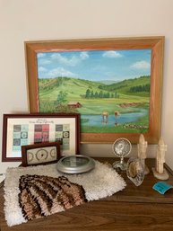 RM10 Wood Framed Art, Handmade Tied Tapestry, Marble-looking Stone Bookends, Glass Seiko Clock, Wall Clock