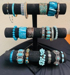R2 Collection Of Costume Jewelry To Include 21 Bracelets In A Blue And Silver Toned Colors