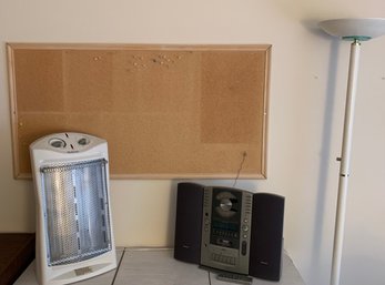 RM10 Holmes Heater, Fisher CD Player/cassette Deck With Speakers, Cork Board, Standing Lamp