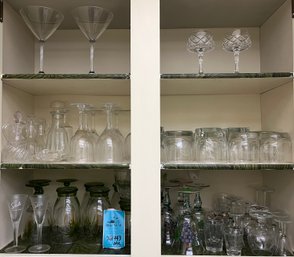 R4 Cabinet Of Glass Cups, 2 Crystal Diamond Pattern Stemware, Wine Glasses, Shot Glasses, Oil Cruets