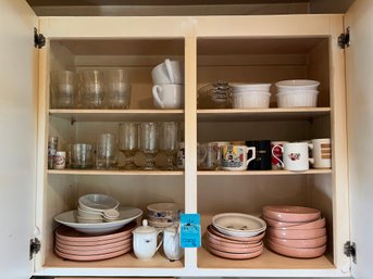 R2 Cabinet Full Of Dishes, Glassware, Mugs, Small French White Corning Ware. Owls