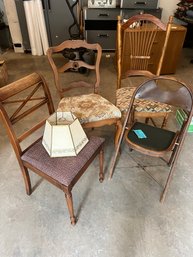 R0 Mixed Lot Of Four Chairs.  Includes Vintage Bentwood Folding Chair. And Lampshade