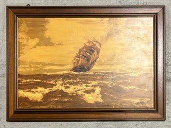 Handcrafted Inlaid Wood Ship Framed Signed M. DAlesio Artwork