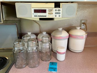 R2 Stoneware Canister Set, Planters Peanut Jars,  Cabinet Mounted AM/FM CD P