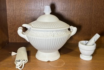 Electric Heating Soup Tureen With Ladle And Mortar & Pestle Which Appears To Be Marble