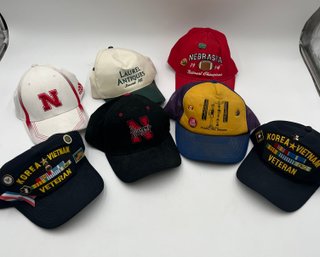 Assorted Baseball Caps, Korea Vietnam Veteran Hats W/assorted Pins, Snoopy Pin, Nebraska Hats, Huskers Hat