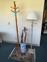 Coat Tree, Floor Lamp, Umbrellas, & Small Area Rug