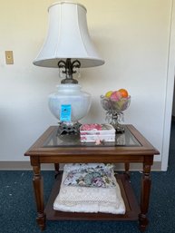 Vintage Opalescent Lamp, End Table, And Decorative Items