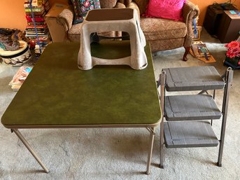 R1 Green Table, Two Step Stools