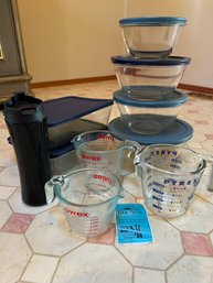 R2 Pyrex Mixing Bowls With Lids And Two Pyrex Large Glass Storage Baking Dishes.  Three Measuring Cups