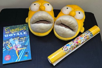 R9 The Simpsons Comics Royale First Edition, Homer Slippers, And A Poster Of All Characters