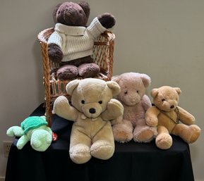 R9 Bear Stuffed Animal Collection To Include Small Whicker Chair And Ty Pluffies Turtle