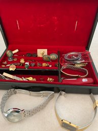 RM 6 Jewelry Box, Mens Watches, Assorted Small Pins, Cuff Links