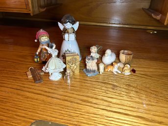 R6 Lot Of Small Figurines, Ceramic Angel Bell, Wooden Cross, Various Animals, Tiny Lot Of Ceramic Cups And Tea