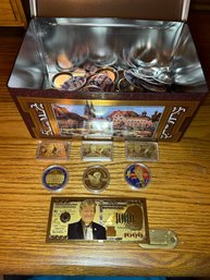 R6 Metal Container Of Donald Trump Pins, Golden $1000 Donald Trump Themed, Set Of Six Donald Trump Coins