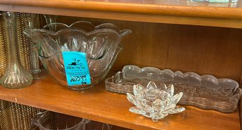 Rm3 Two Glass Serving Bowls, Vintage Glass Holiday Serving Tray, Pair Of Candlestick Holders, And Glass Vase