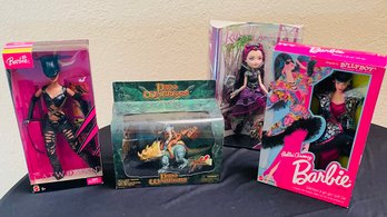 R2 Four Dolls In Boxes Including Catwoman, Feelin Groovy Barbie, Raven Queen, And Dino Warriors Figurine