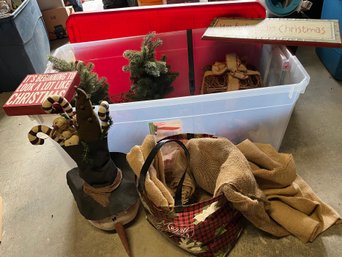 R0 Bin With Holiday Decor, Bag Of Burlap Runners And Ribbon, Signs, Small Trees, Star Tree Topper, Bell