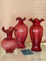 R1 Three Cranberry  Fenton Glass Vases
