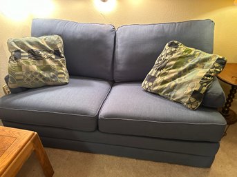 R6 Blue Lazboy Pullout Couch, Two Blue Pillows