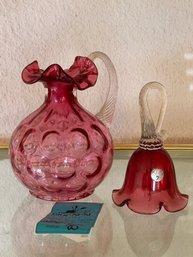 R1 Fenton Cranberry Glass Pitcher 7in  And  Fenton Cranberry Glass Bell  6in