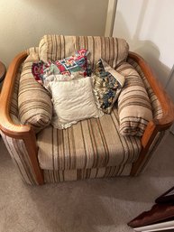 R6 Wood Trimmed Upholstered Chair With Three Small Pillows