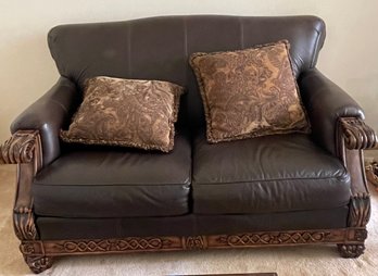 Decorative  Leather-like Loveseat And Two Throw Pillows