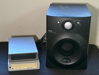 R9 Philips/magnavox Model FB 201/17 120V-60Hz 30W Subwoofer, Vintage Lacie External CD, And Sharper Image