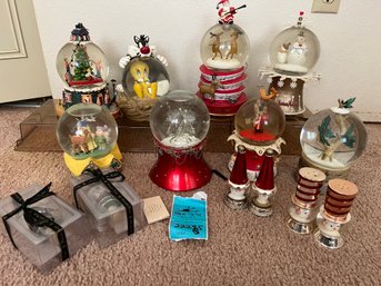 R5 Collection Of Snow Globes And Musical Snow Globes.  Wine Stoppers And Salt And Pepper Shakers