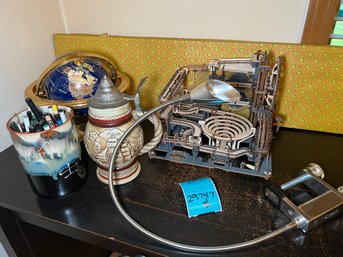 R1 Decorative Globe, Desk Lamp, Pens In Pottery Jar, Lidded Stein, Structural Desk Art