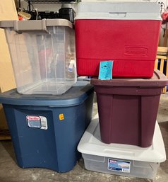 R0 Four Empty Bins In Various Sizes And Small Rubbermaid Cooler
