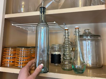 R3 Matching Set Of Four Orange Decorative Glasses, Olive Oil Bottle, Other Decorative Glass Bottles And Jars