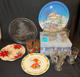R1 Vintage Holiday Serving Trays, Plates, Cups, Glass Mugs And Decorative Box