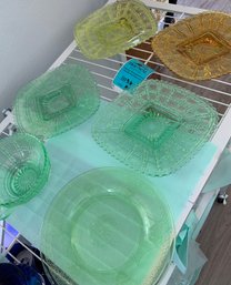 Probable Uranium Glass And Colored Glass Plates, Glass Bowl With Handle