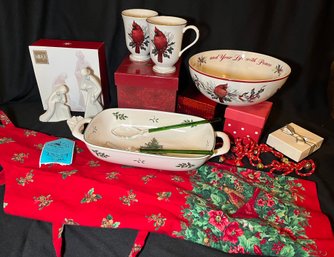 R1 Lenox Winter Greetings Mugs And Bowl, Glass Serving Utensils, Napkin Rings, Mikasa Nativity Set, Brass Bell