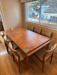 R3 Danish Teak Expandable Dining Table Set With Eight Dining Chairs